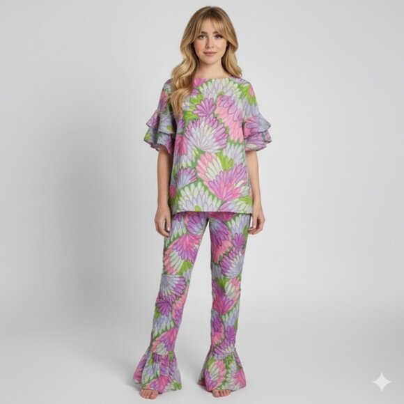 Vintage 60s Pink Purple Floral Hippie Short Sleeve Ruffled Pant Suit - XS/24" - Picture 1 of 16